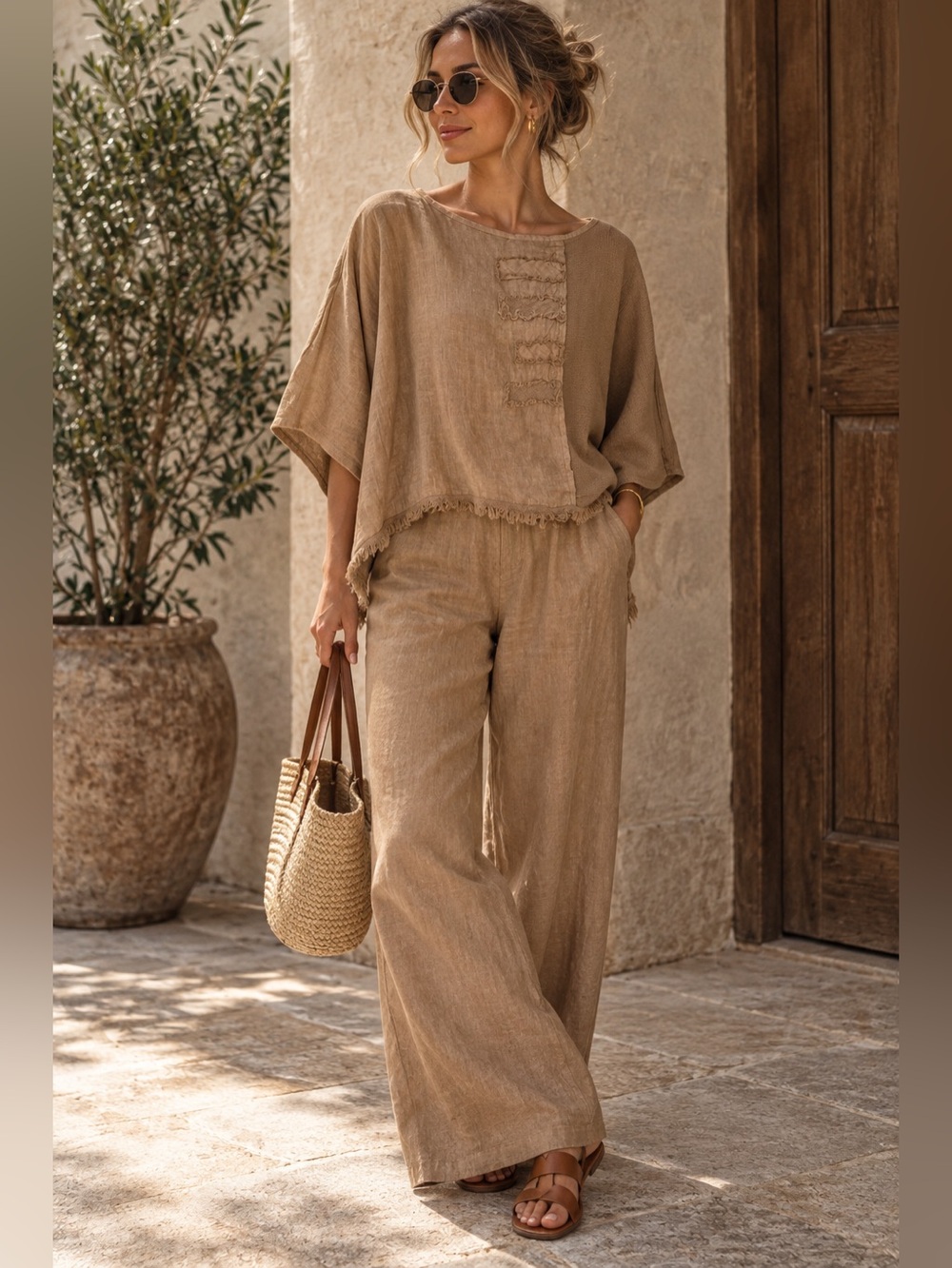 100% Linen Relaxed-Textured Boxy Fringe Tunic in Tan